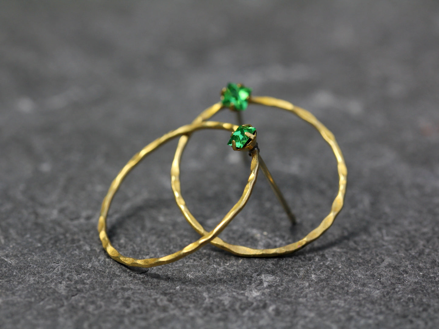 Hammered Brass Green Crystal Hoop Post Earrings