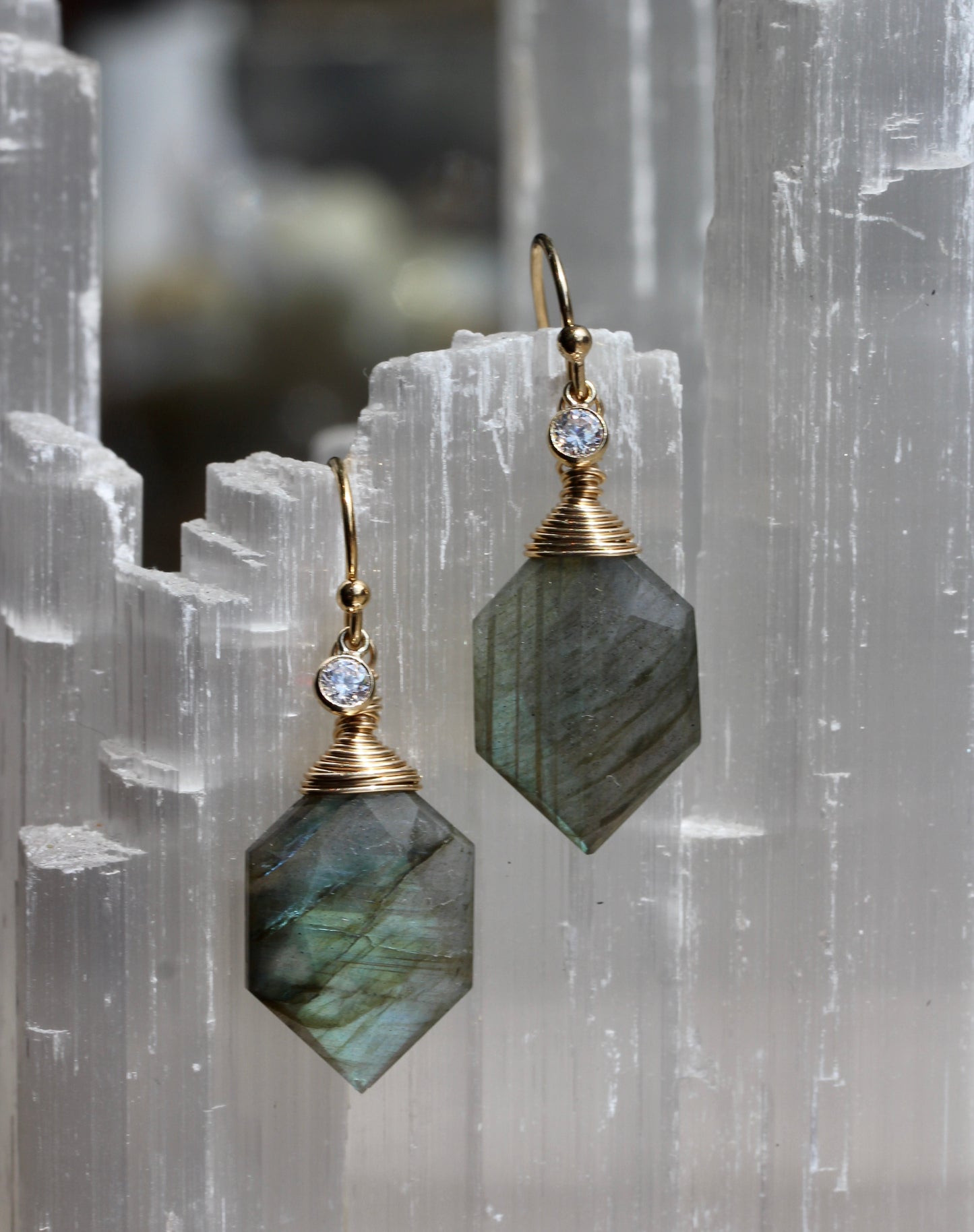 Labradorite Hexagonal Gold Wrap Earrings