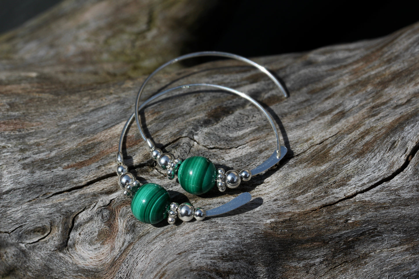 Malachite Bali Silver Bead Hoops