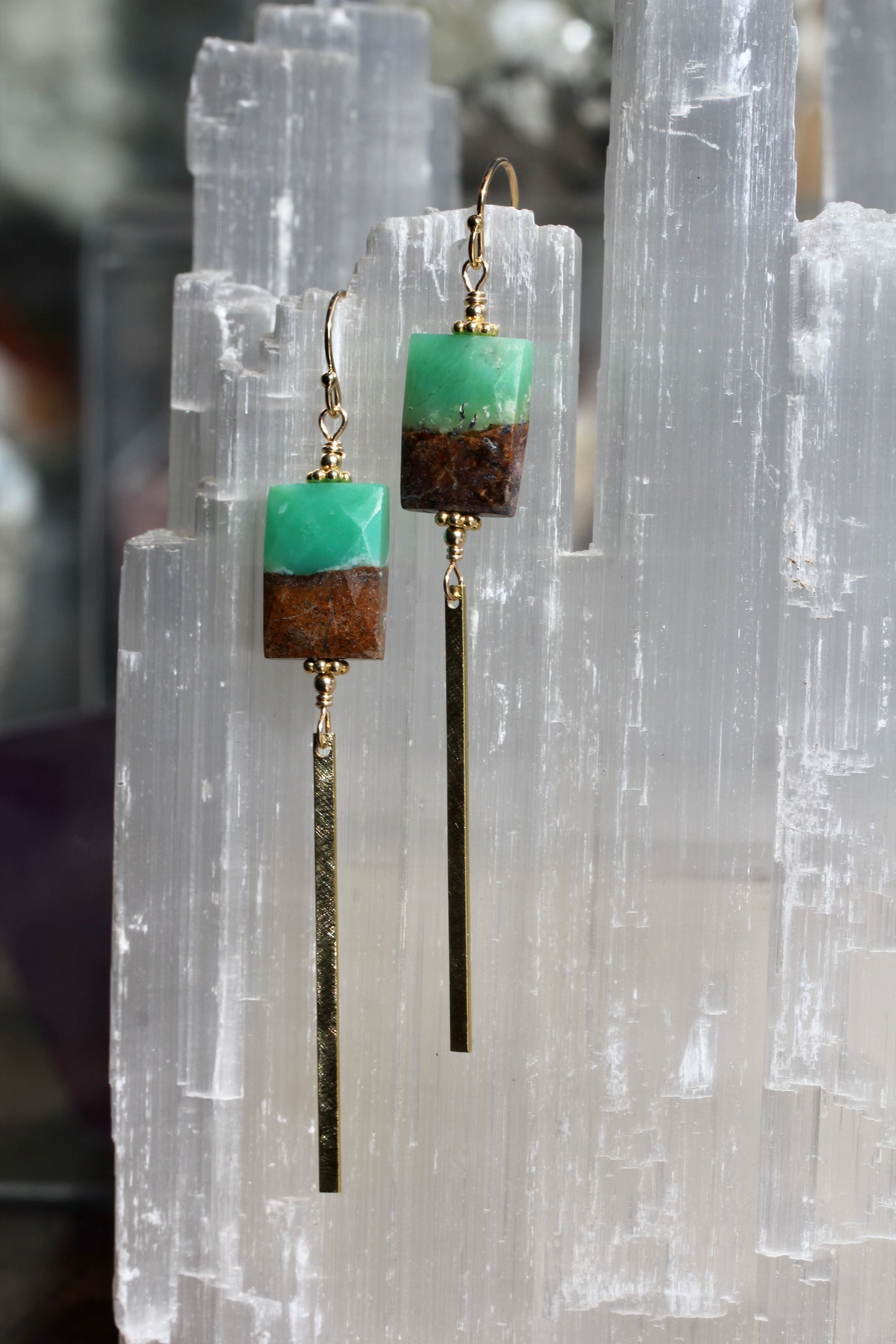 Chrysoprase Rectangle Brass Bar Drop Earrings