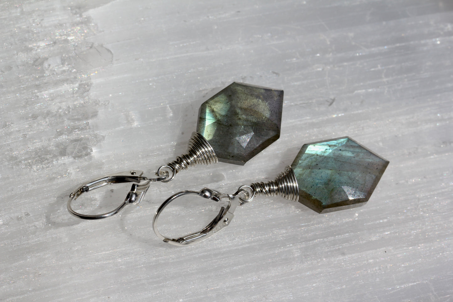 Labradorite Hexagonal Silver Wrap Earrings