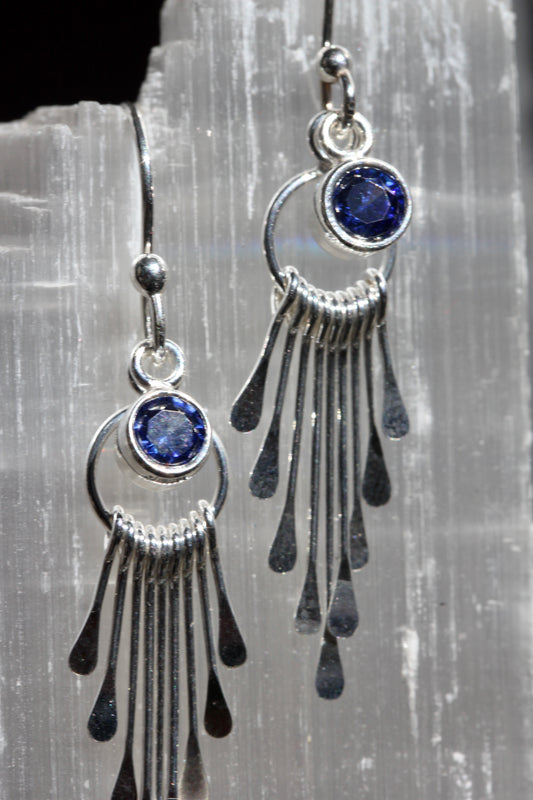 Blue CZ Silver Tassel Earrings