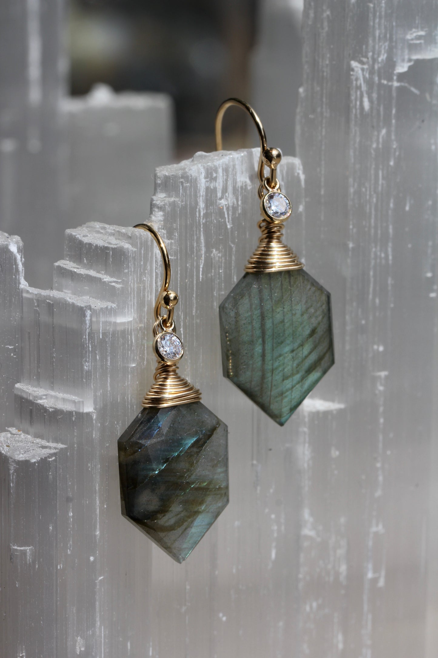 Labradorite Hexagonal Gold Wrap Earrings