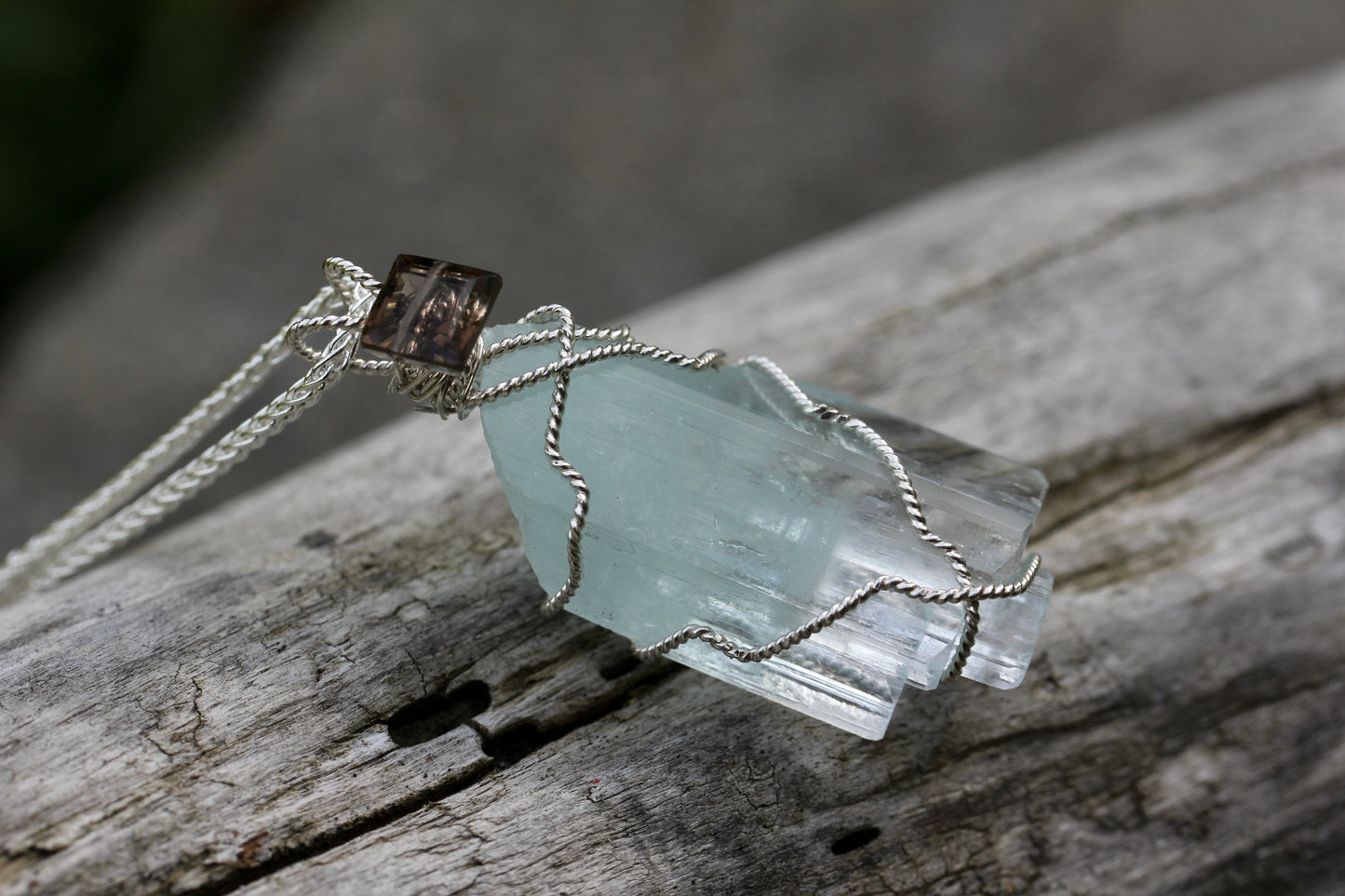 Aquamarine Crystal Pendant with Smokey Quartz