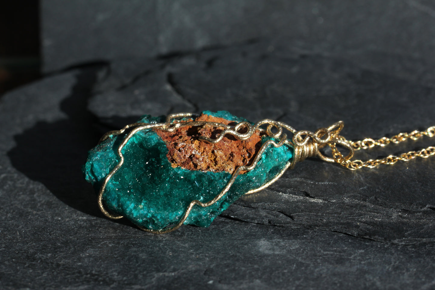 Dioptase Gold Wrap Necklace