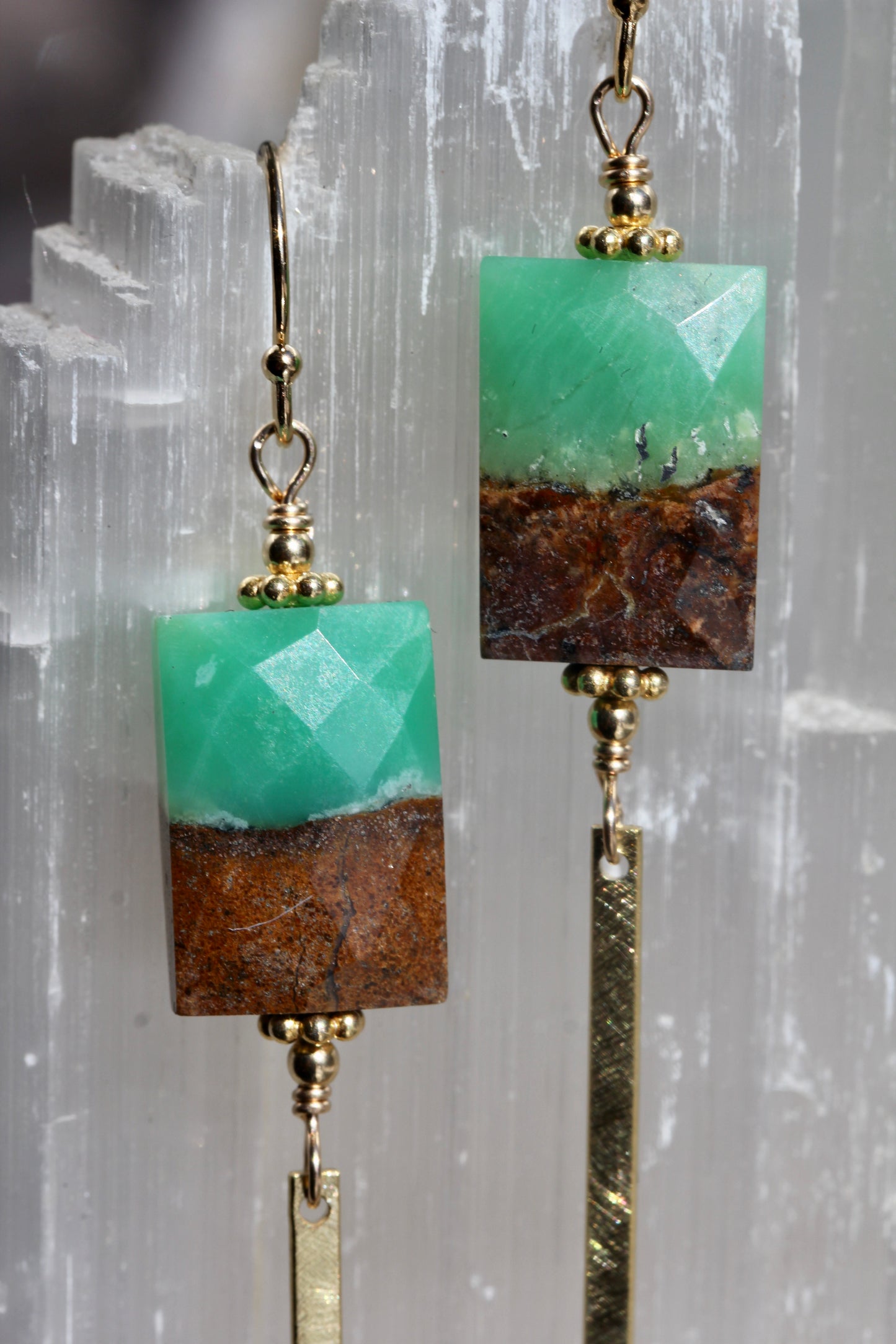 Chrysoprase Rectangle Brass Bar Drop Earrings