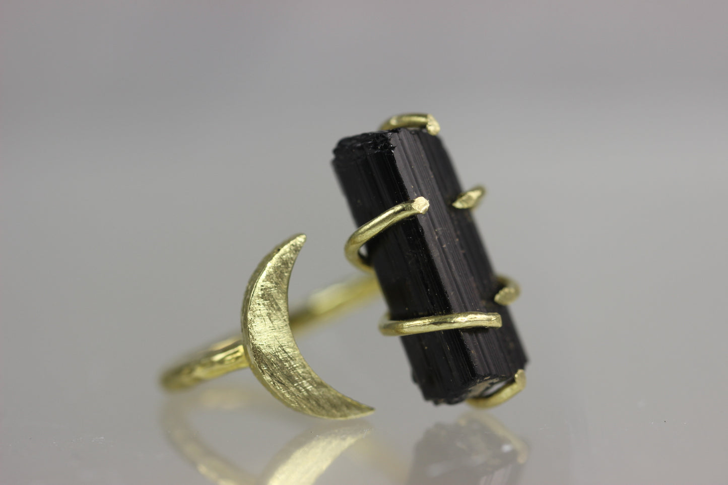Black Tourmaline Crystal Moon Ring