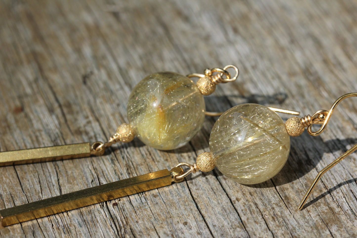 Rutilated Quartz Brass Bar Earrings