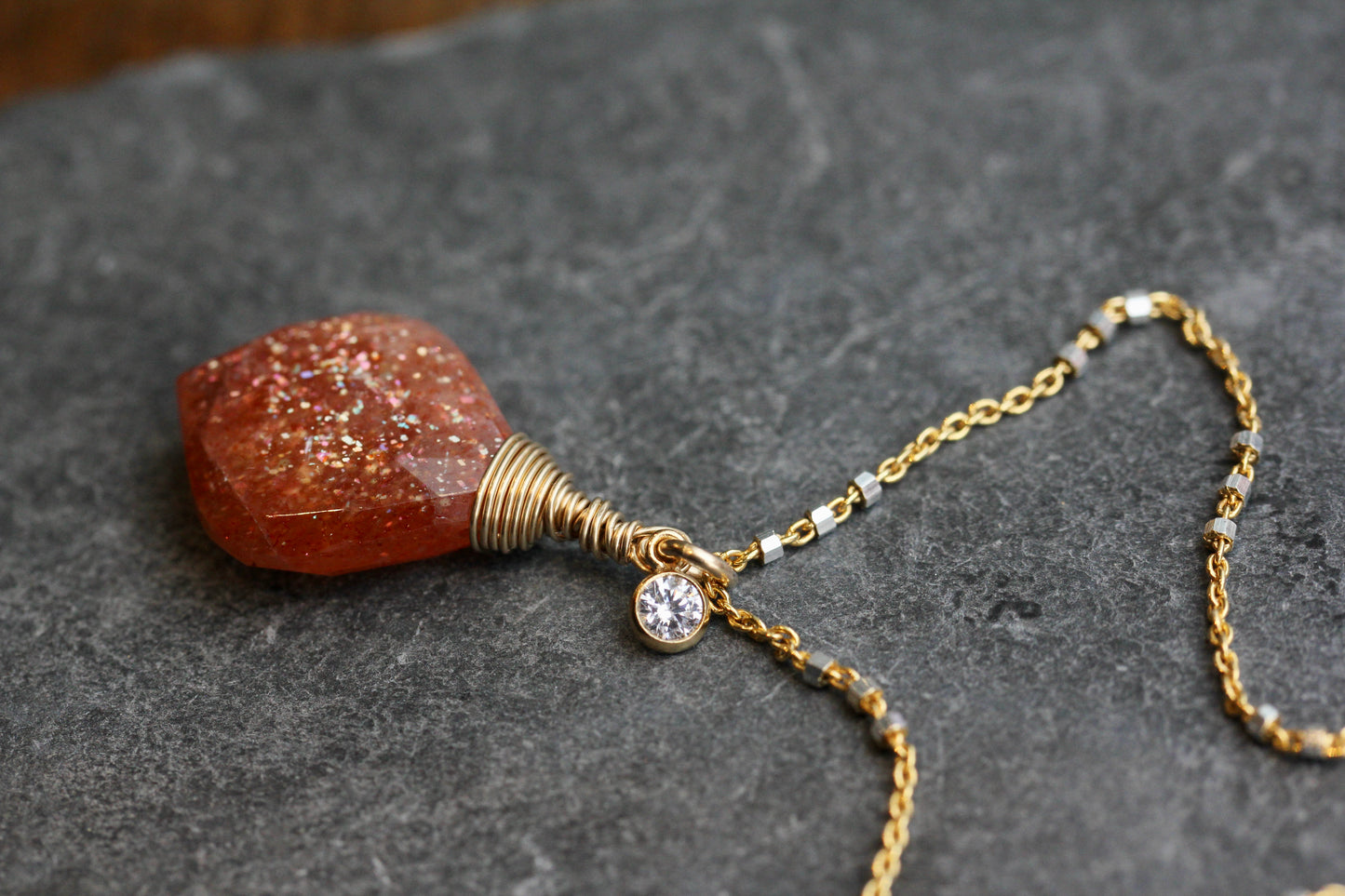 Sunstone Two Toned Necklace with Cubic Zirconia