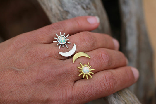 Opal Moon and Sun Brass Ring