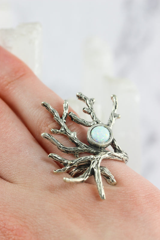 Created Opal Silver Branch Ring