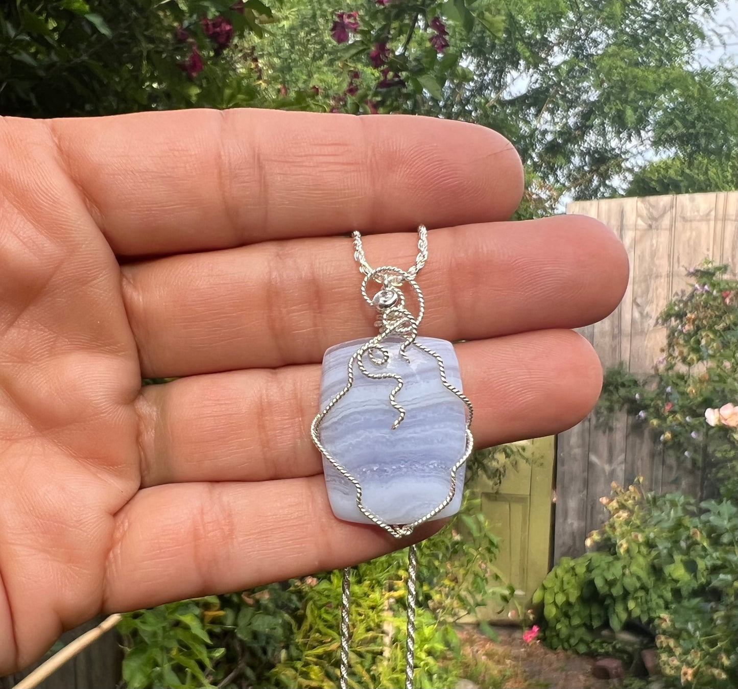 Blue Lace Agate Silver Swirl Necklace