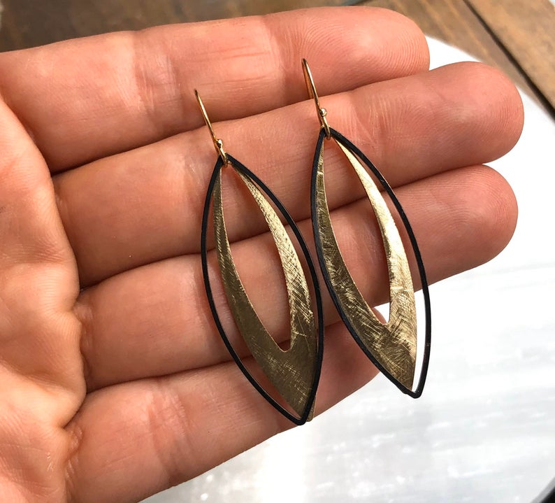 Black and Gold Brass Marquis Earrings