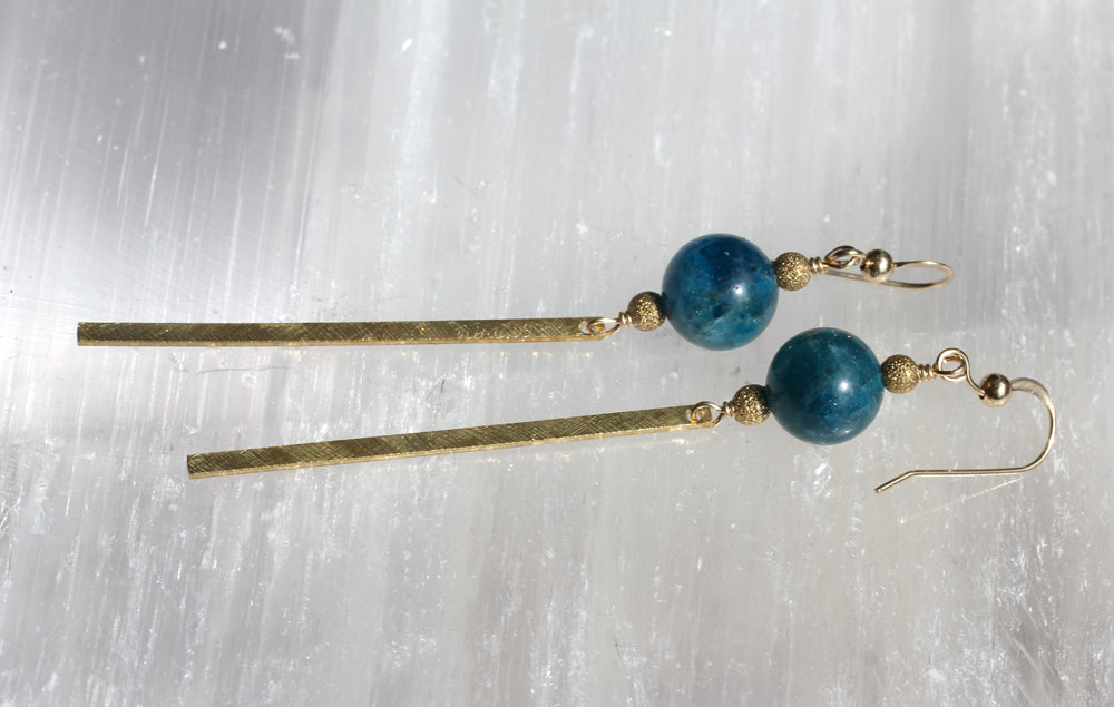 Blue Apatite Brass Bar Earrings