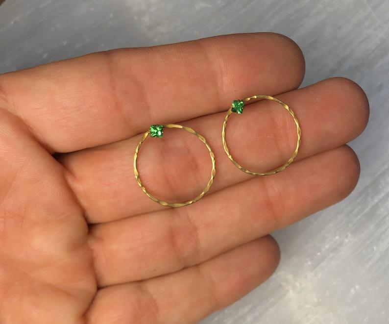 Hammered Brass Green Crystal Hoop Post Earrings