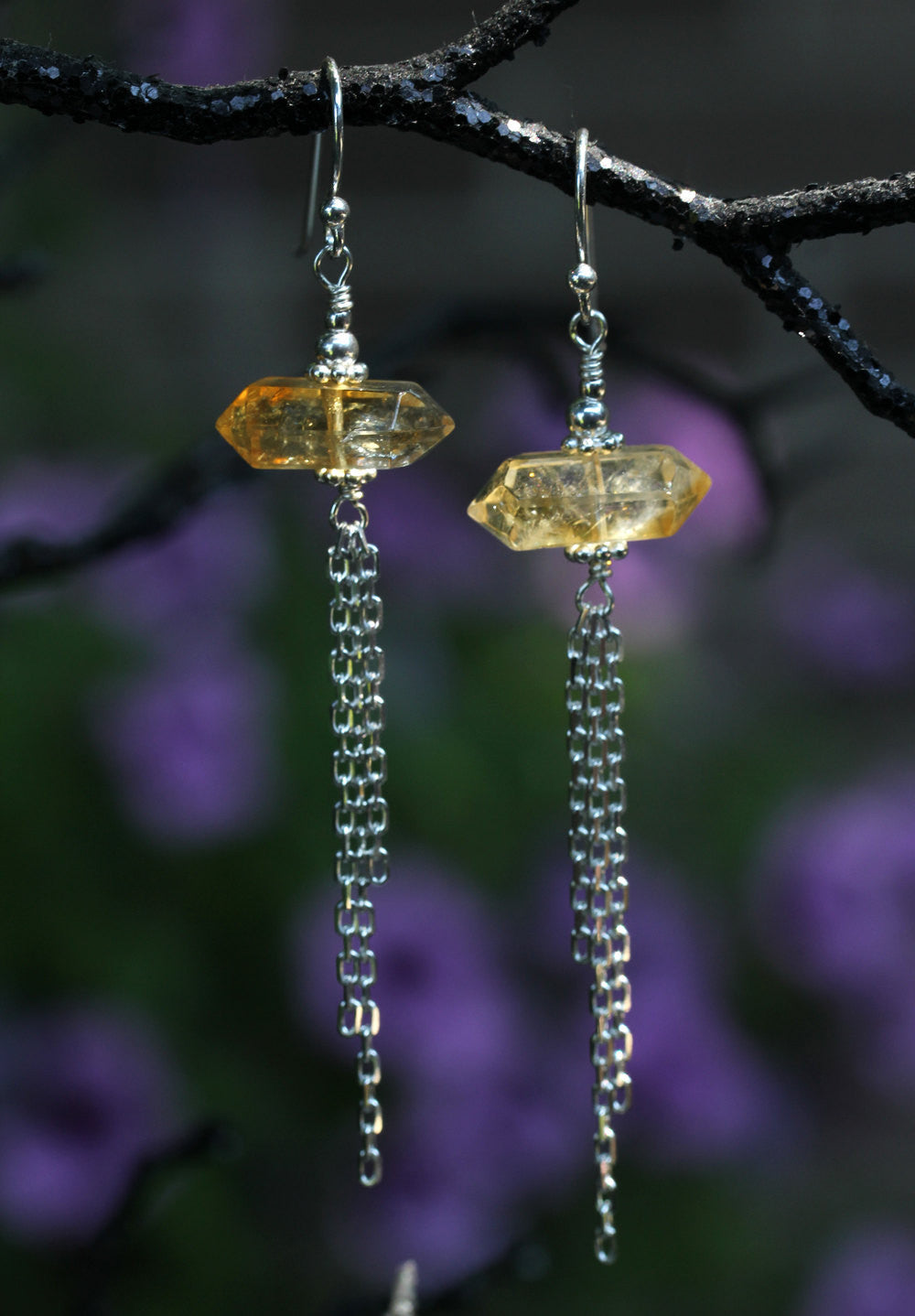 Citrine Crystal Point Tassel Drop Earrings - Annick Designs - 2