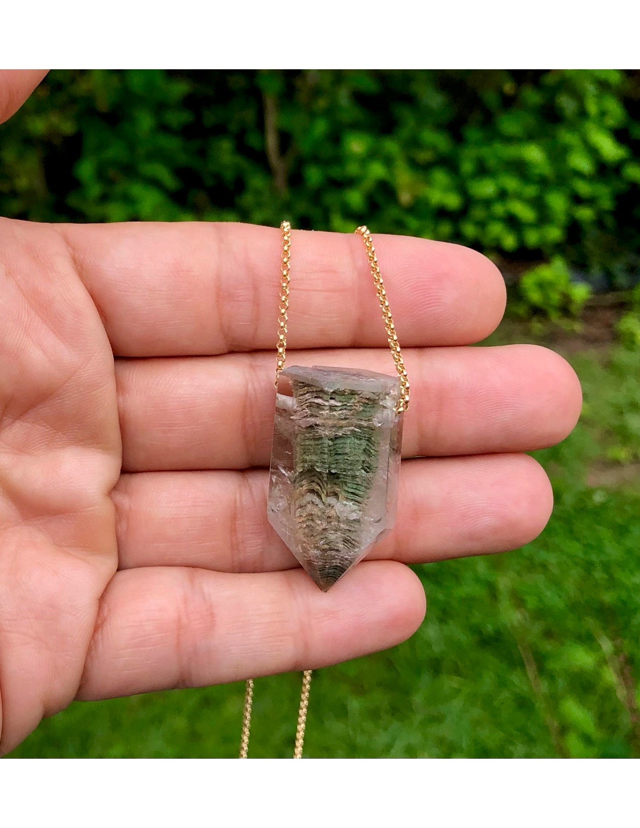 Lodolite Crystal Point Long Gold Necklace