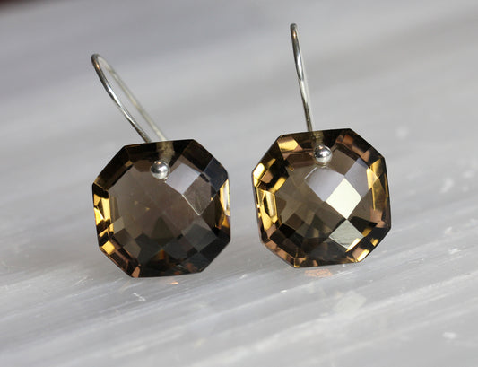 Smokey Quartz Cushion Cut Octagon Earrings