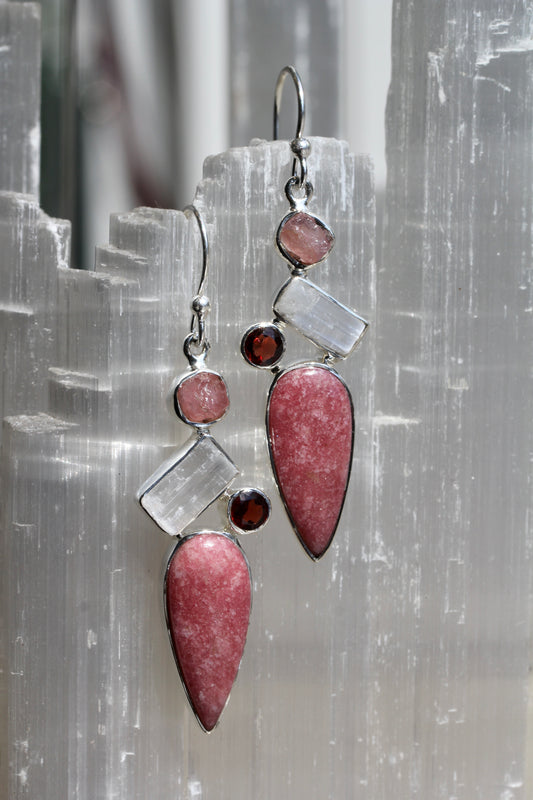 Thulite Selenite Garnet Rose Quartz Earrings