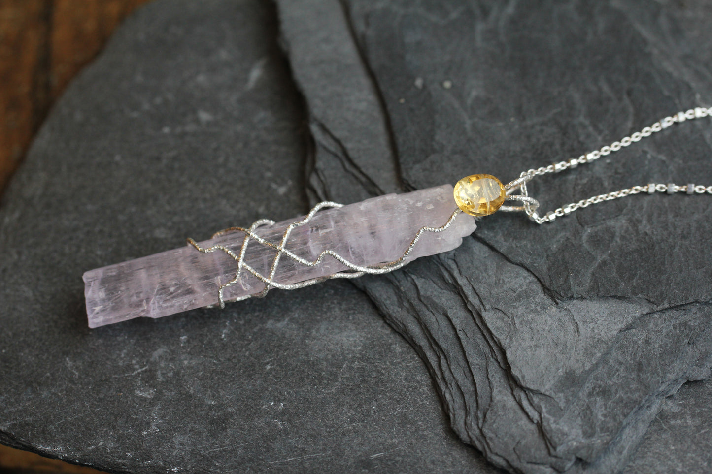 Long Kunzite Crystal Citrine Pendant