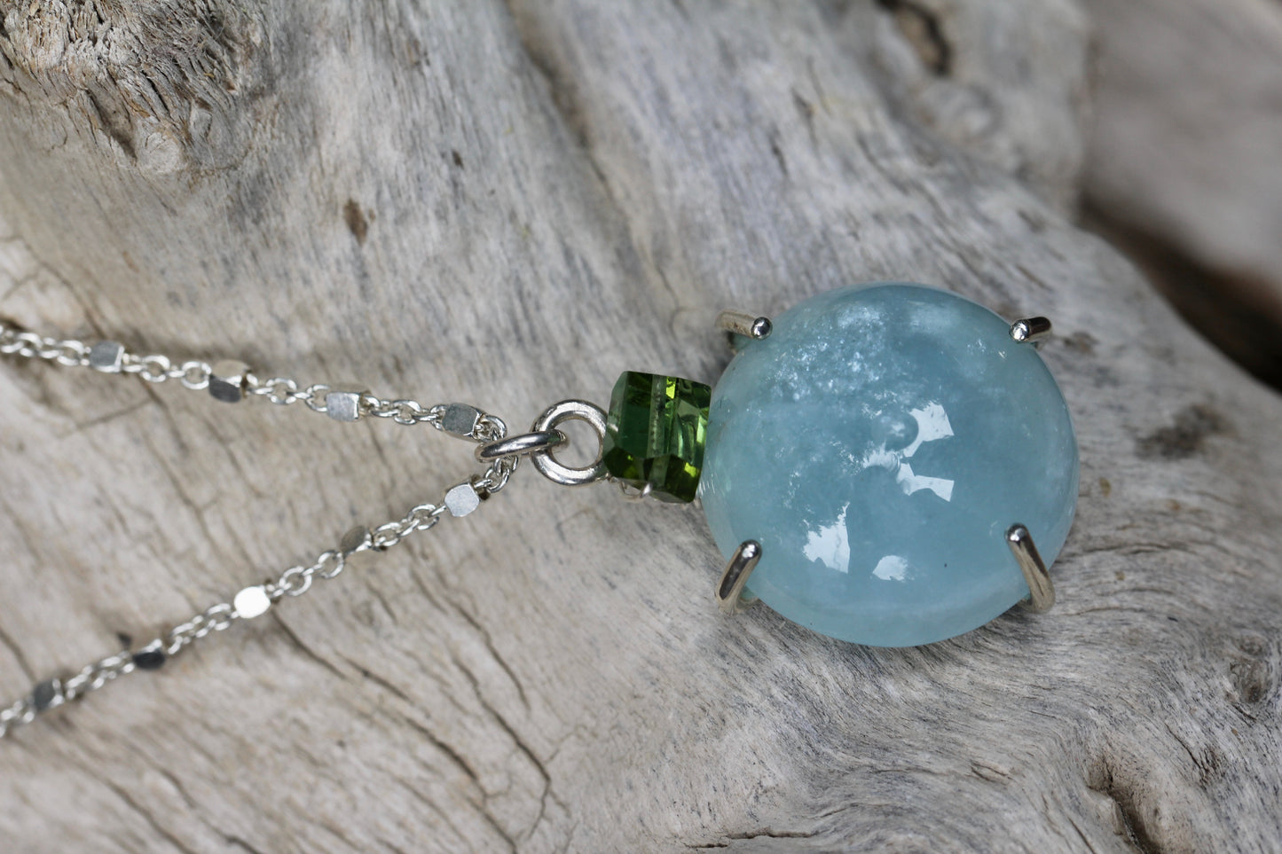 Aquamarine Green Tourmaline Cabochon Silver Necklace