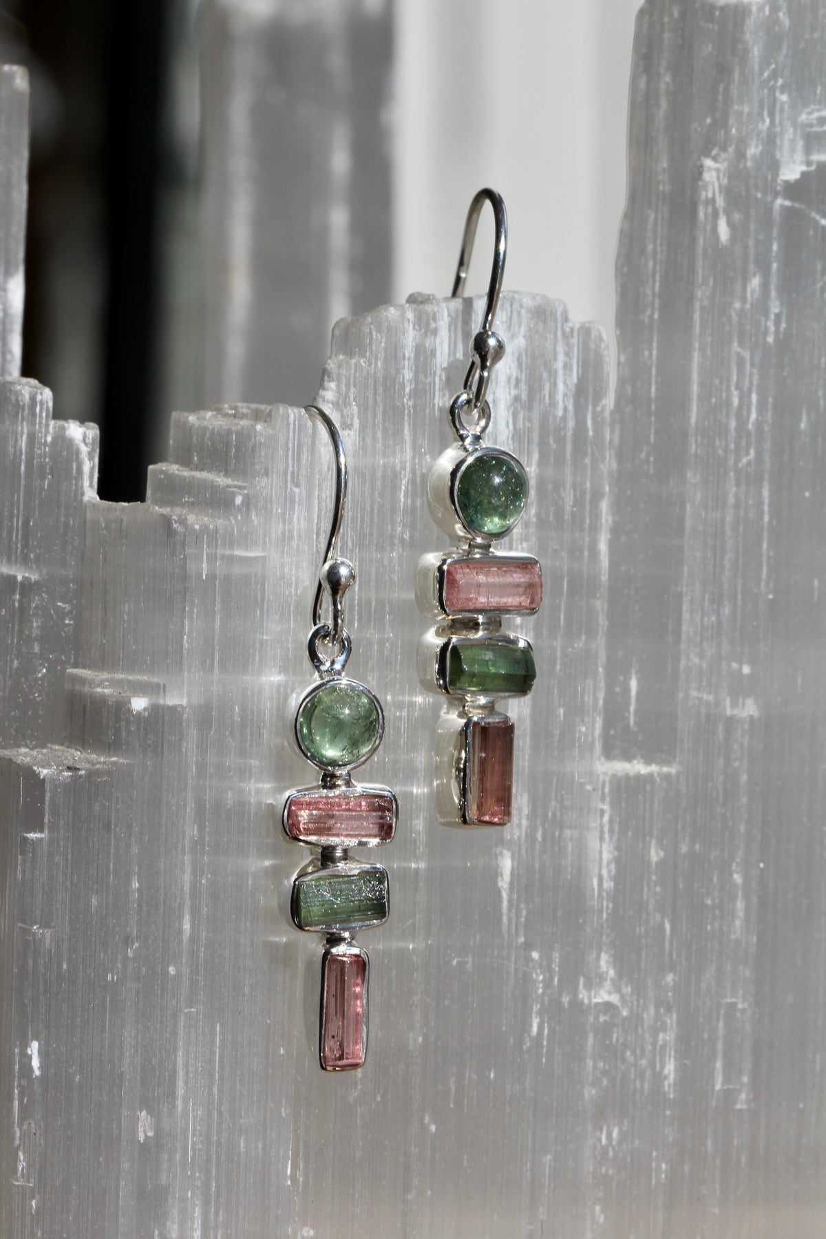 Pink and Green Tourmaline Crystal Earrings