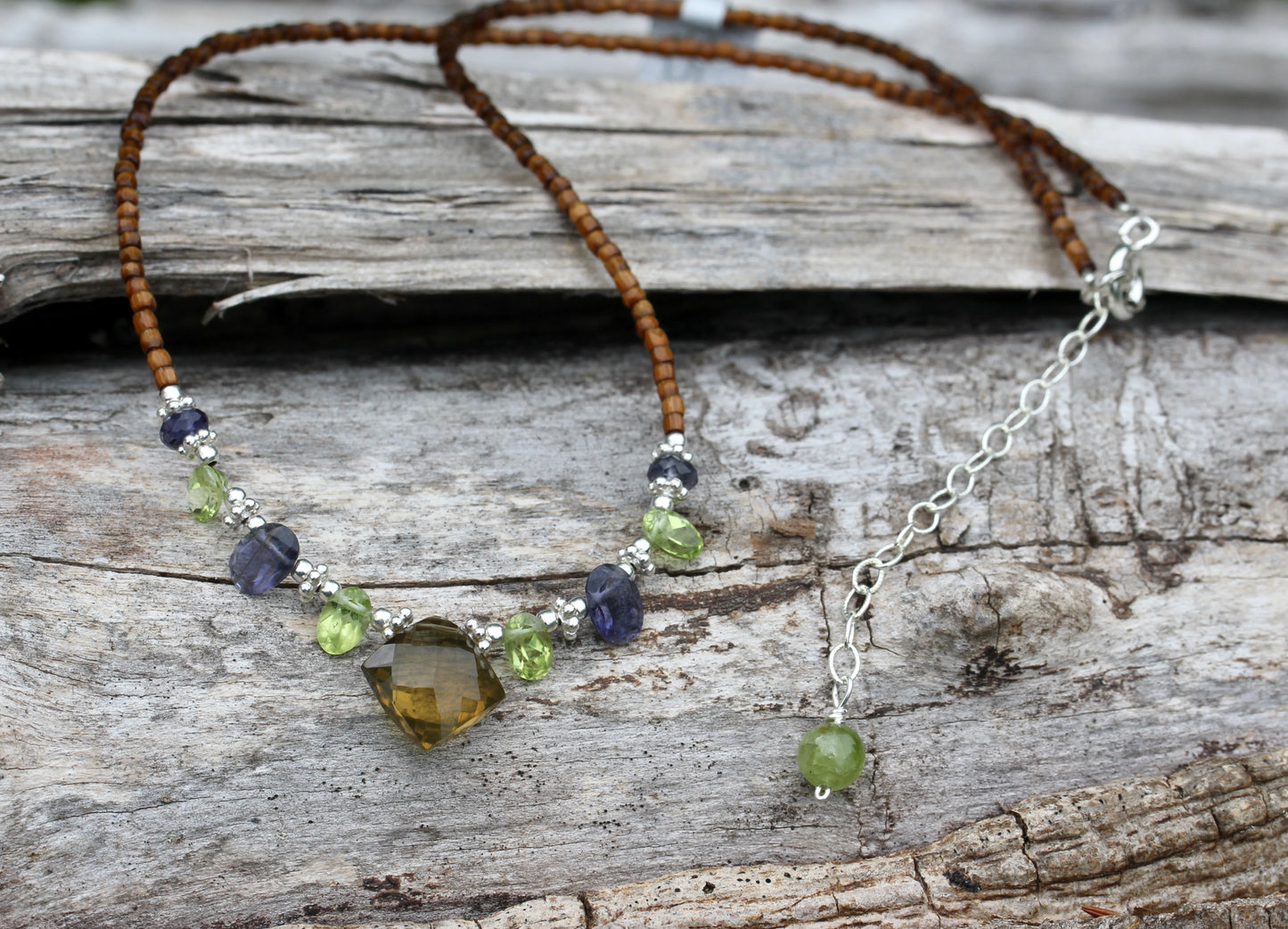 Beer Quartz Peridot Iolite Beaded Necklace