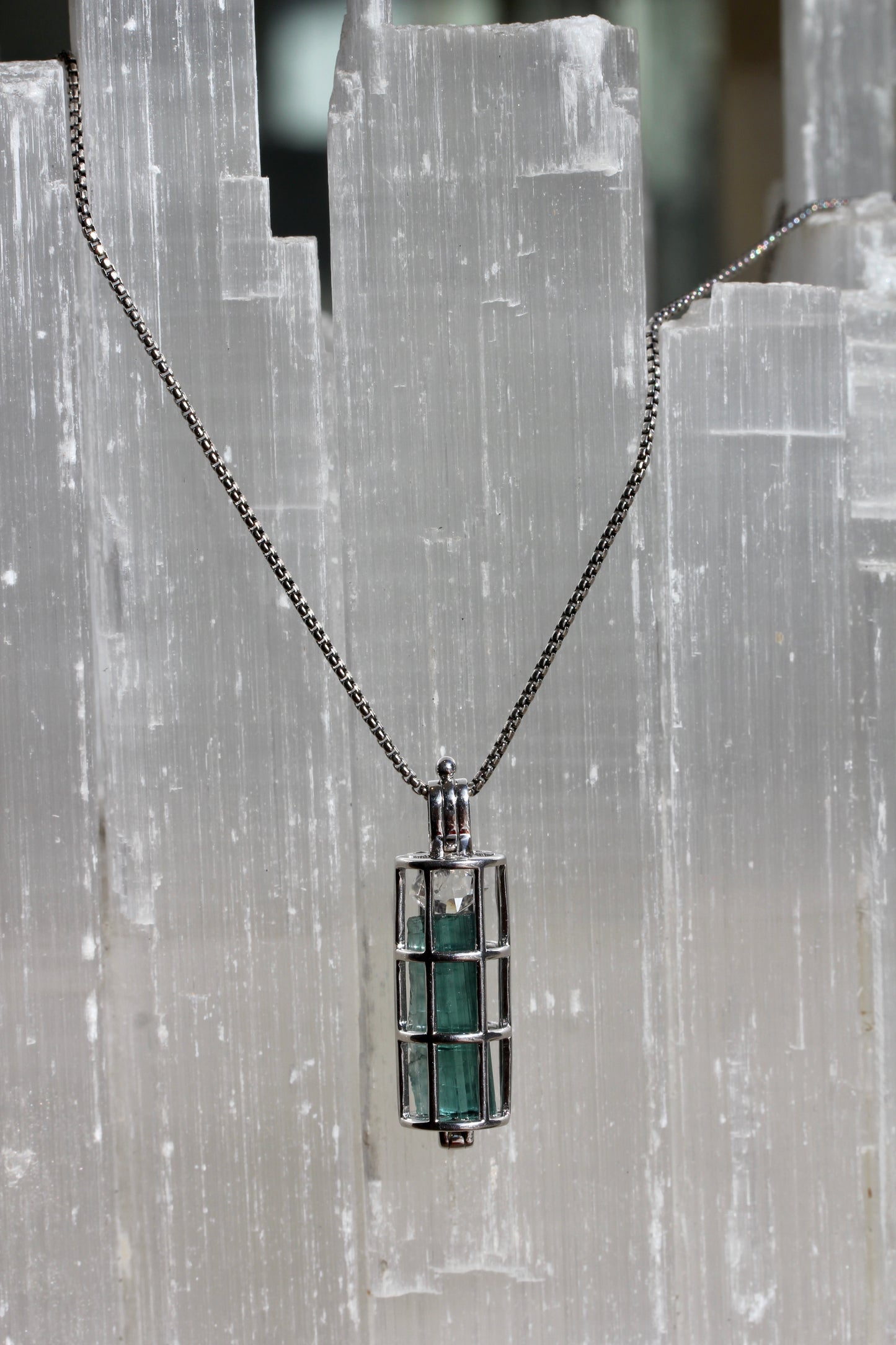 Indicolite Tourmaline Herkimer Diamond Cage Necklace