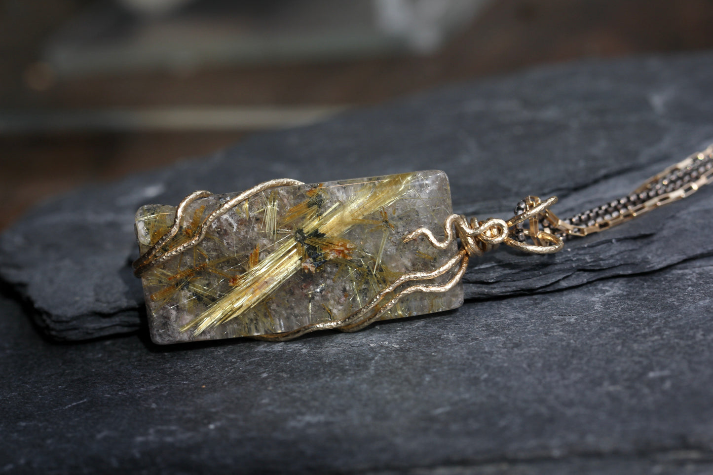 Rutilated Quartz Tile Gold Wrap Necklace