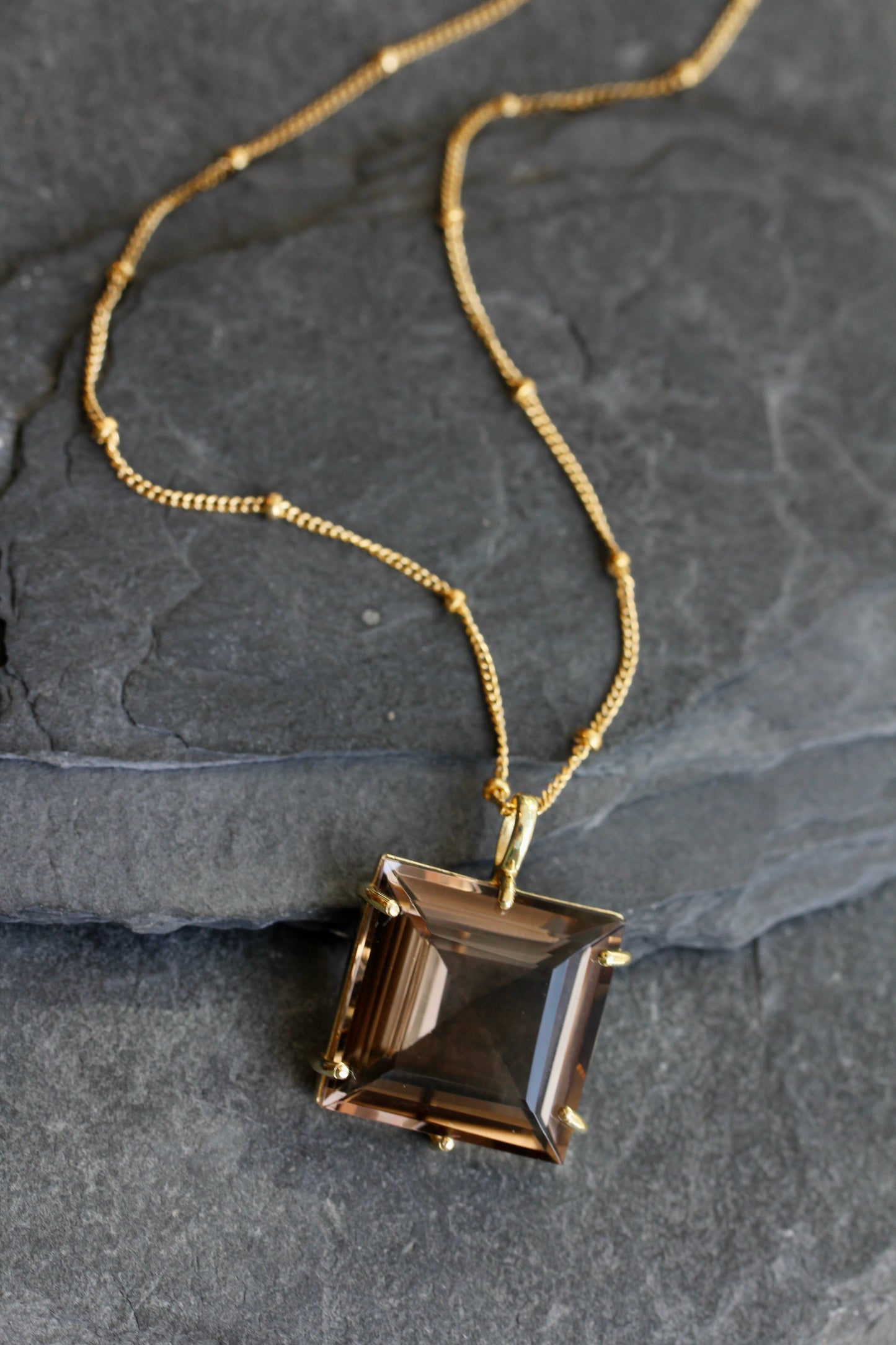 Smokey Quartz Princess Cut Gold Necklace