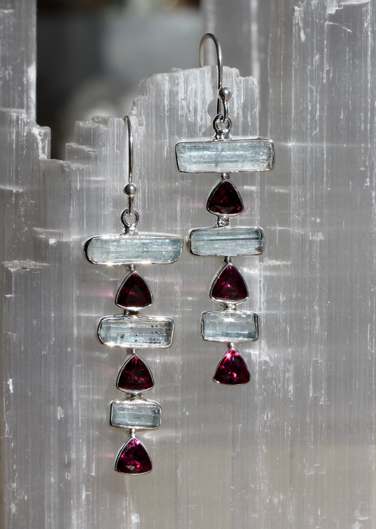 Aquamarine Crystal Garnet Stacked Earrings