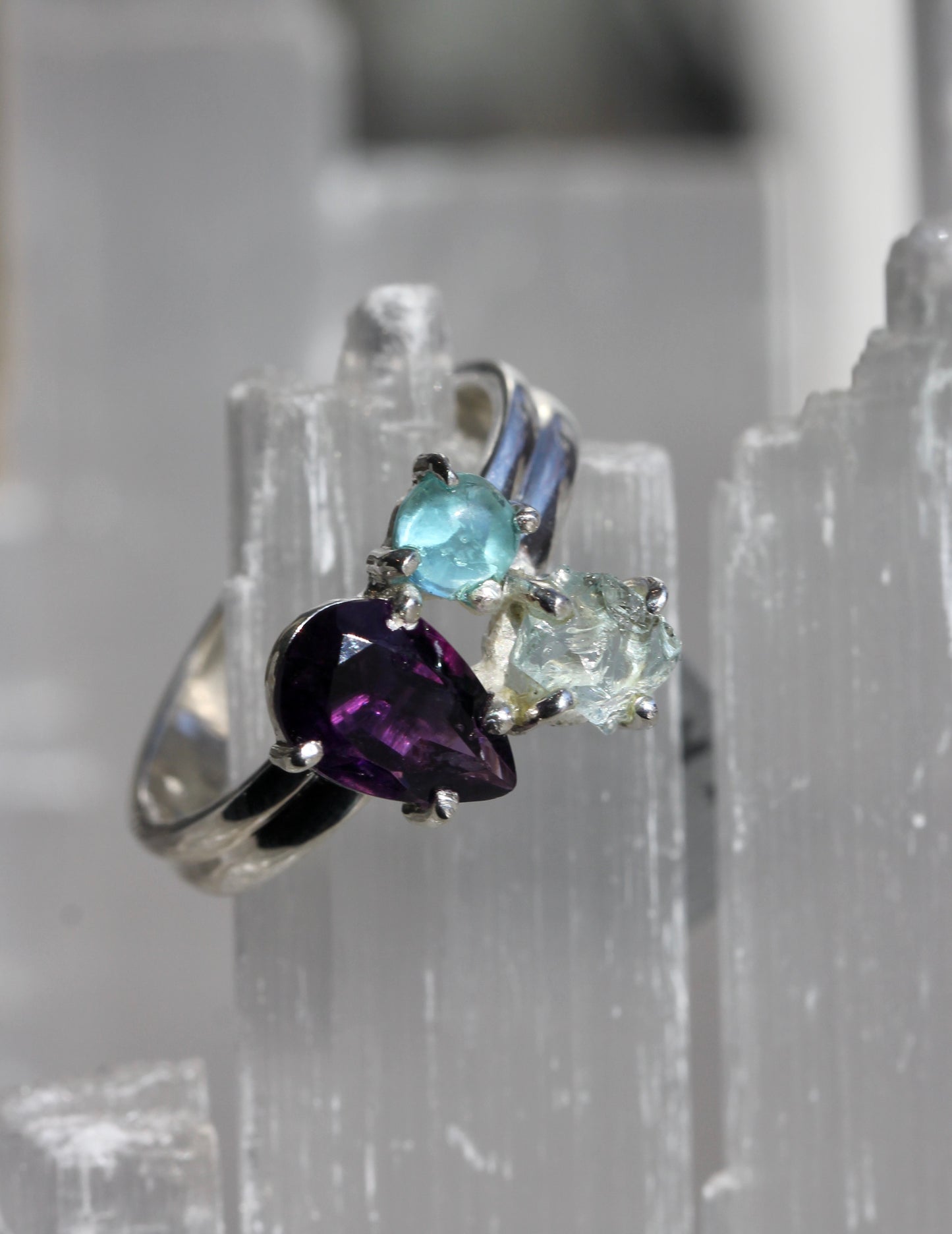 Amethyst Aquamarine Blue Apatite Ring