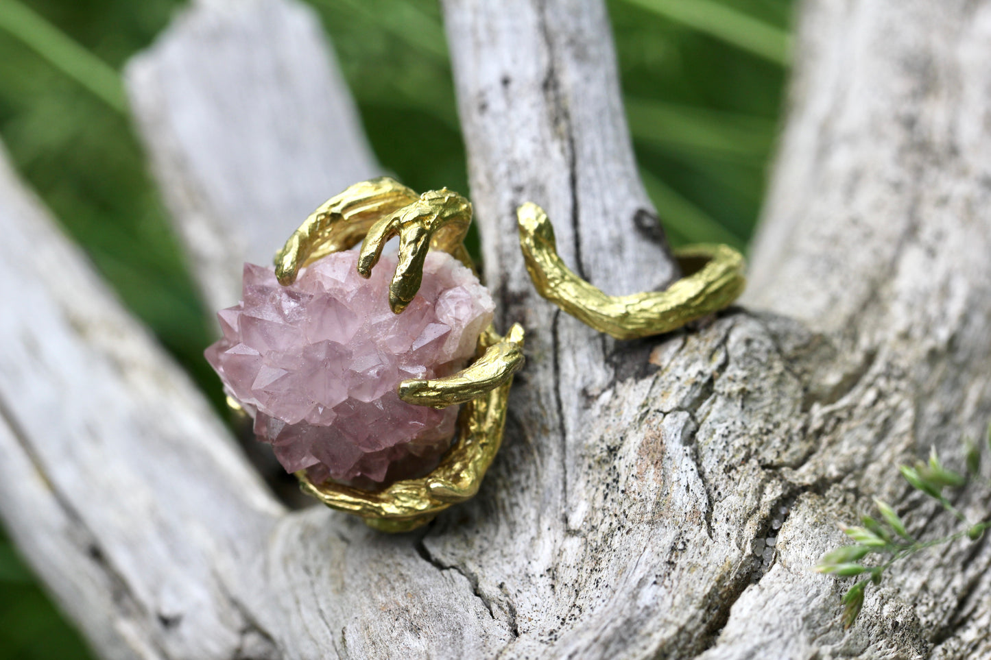 Pink Amethyst Crystal Cluster Branch Ring