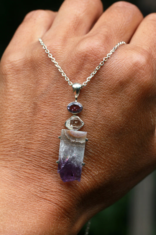 Amethyst Slice Herkimer Diamond Pendant