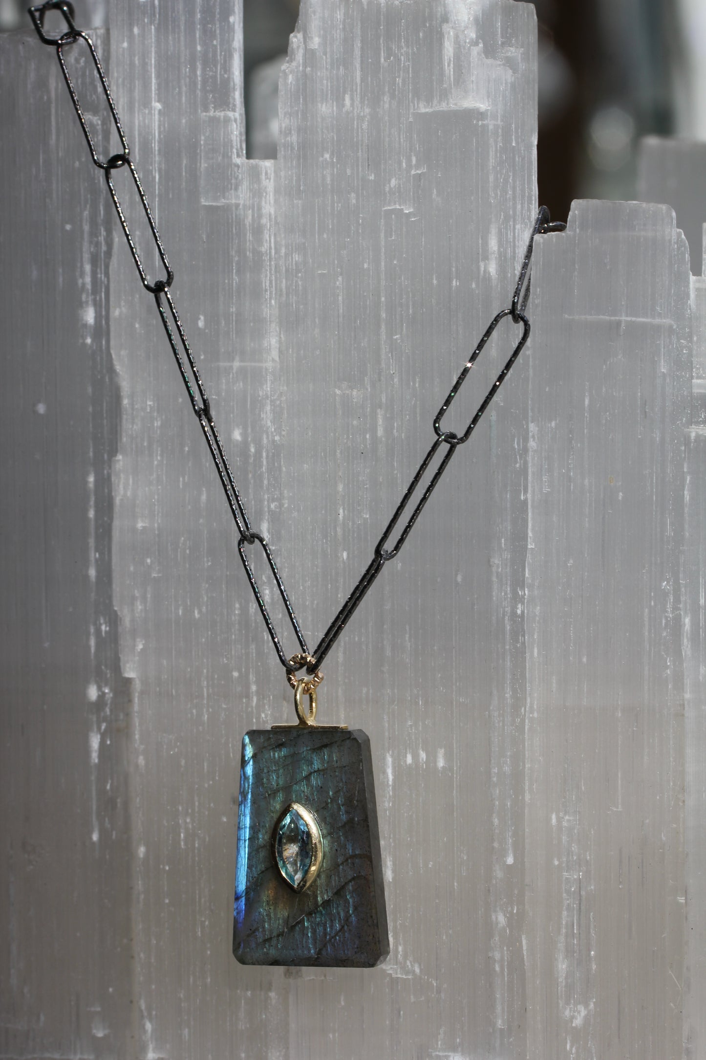 Labradorite Blue Topaz Encrusted Paperclip Chain Necklace