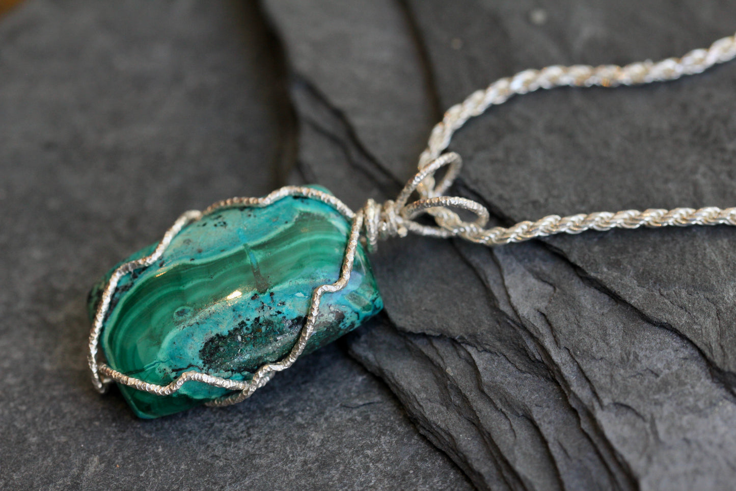 Chrysocolla Malachite Silver Wrap Pendant