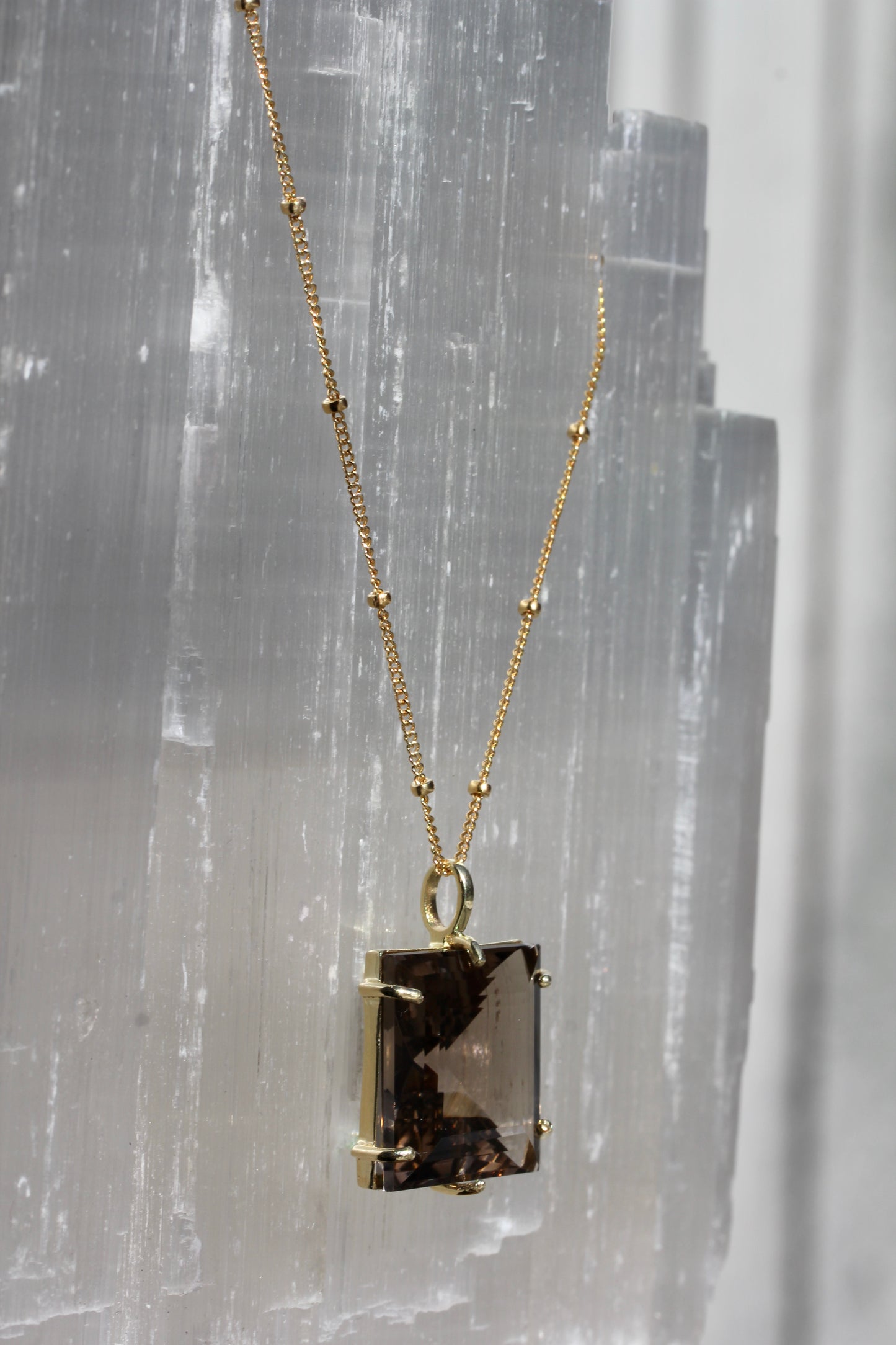 Smokey Quartz Princess Cut Gold Necklace