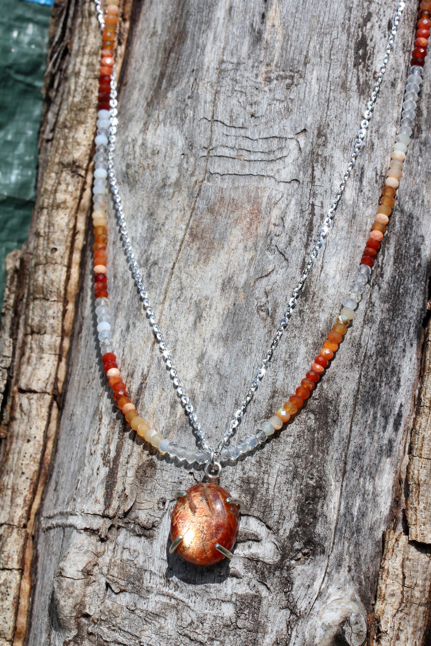 Sunstone Fire Opal Bead Chain Necklace