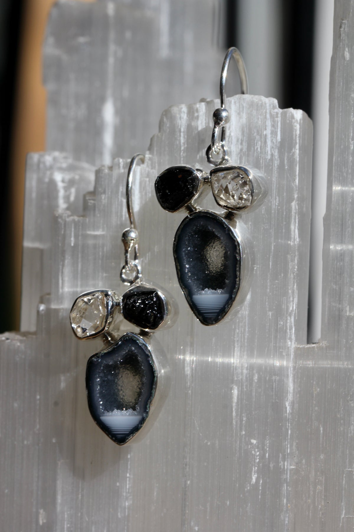 Geode Tourmaline Herkimer Earrings