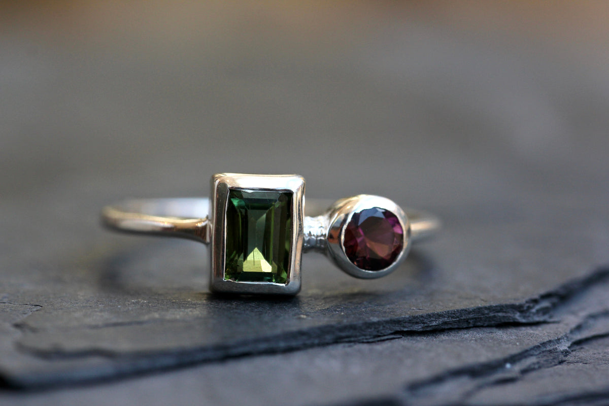 Pink and Green Tourmaline Silver Ring