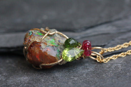 Rough Opal with Diopside, Peridot and Ruby Pendant