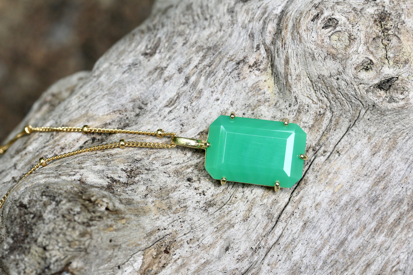Chrysoprase Emerald Cut Gold Necklace