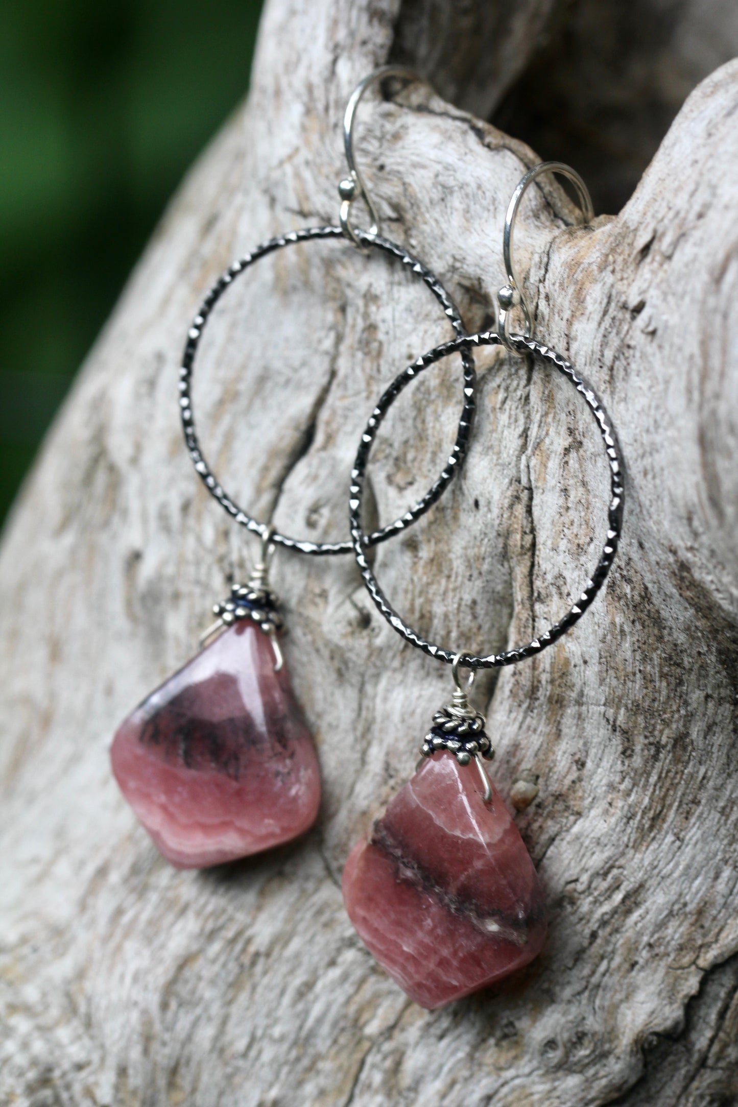 Rhodochrosite Oxidized Silver Hoop Drop Earrings