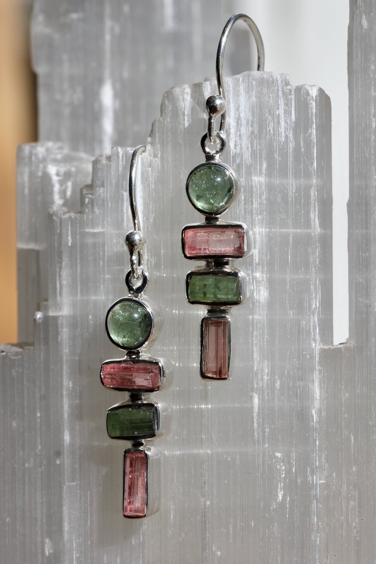 Pink and Green Tourmaline Crystal Earrings