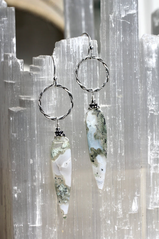 Moss Agate Long Ring Drop Earrings