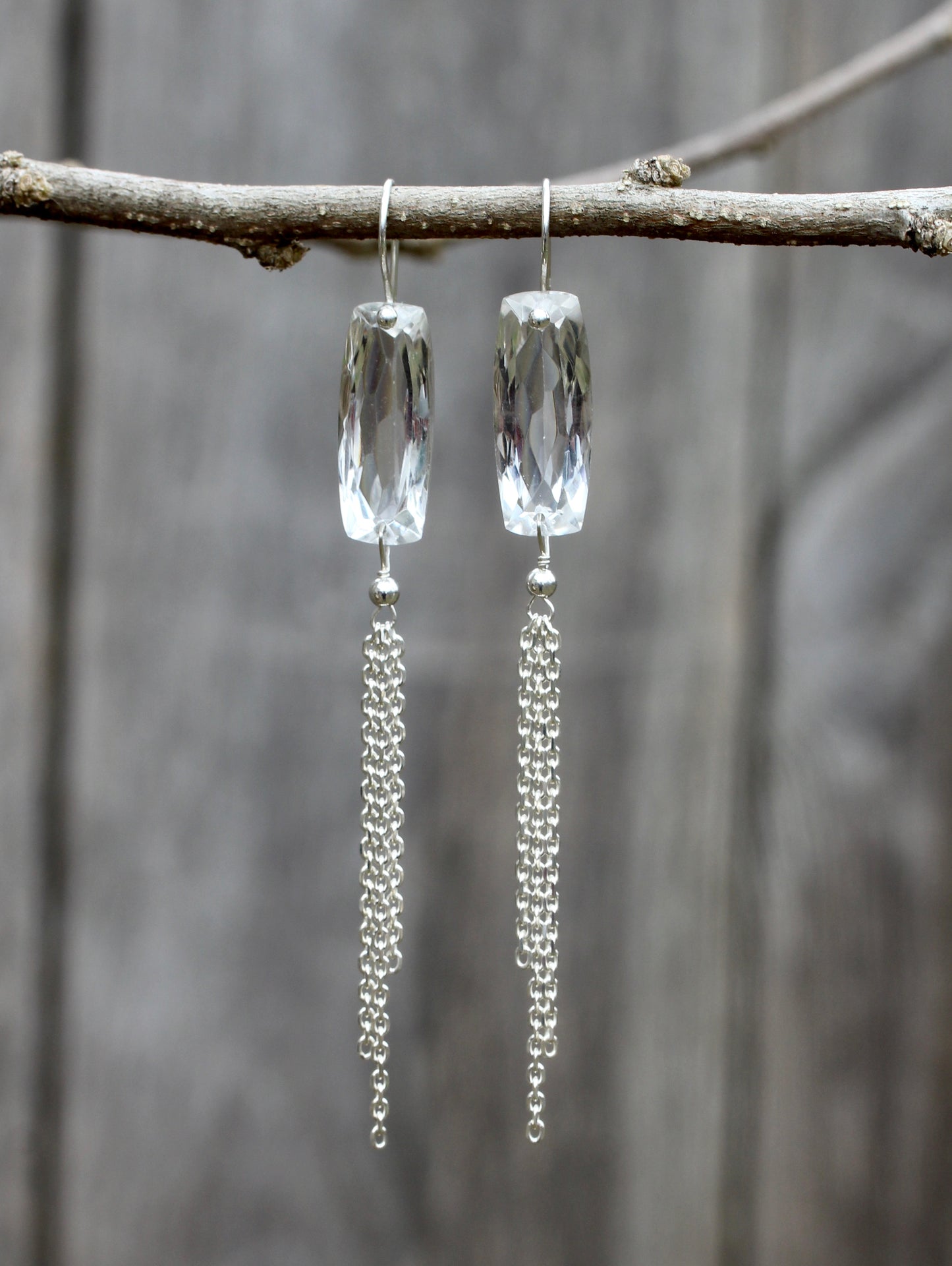 Quartz Baguette Silver Chain Fringe Earrings