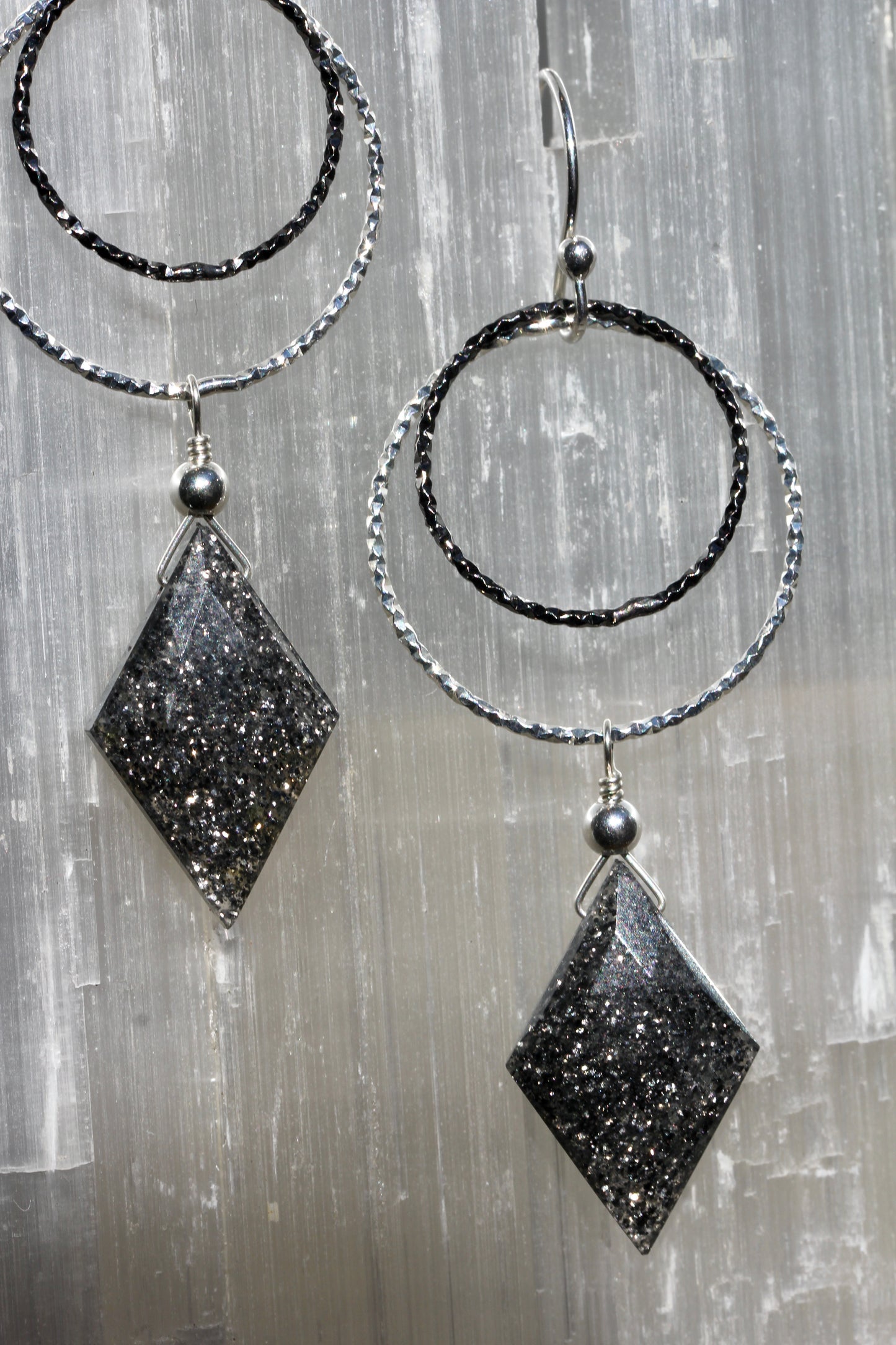 Black Sunstone Diamond Cut Double Ring Drop Earrings