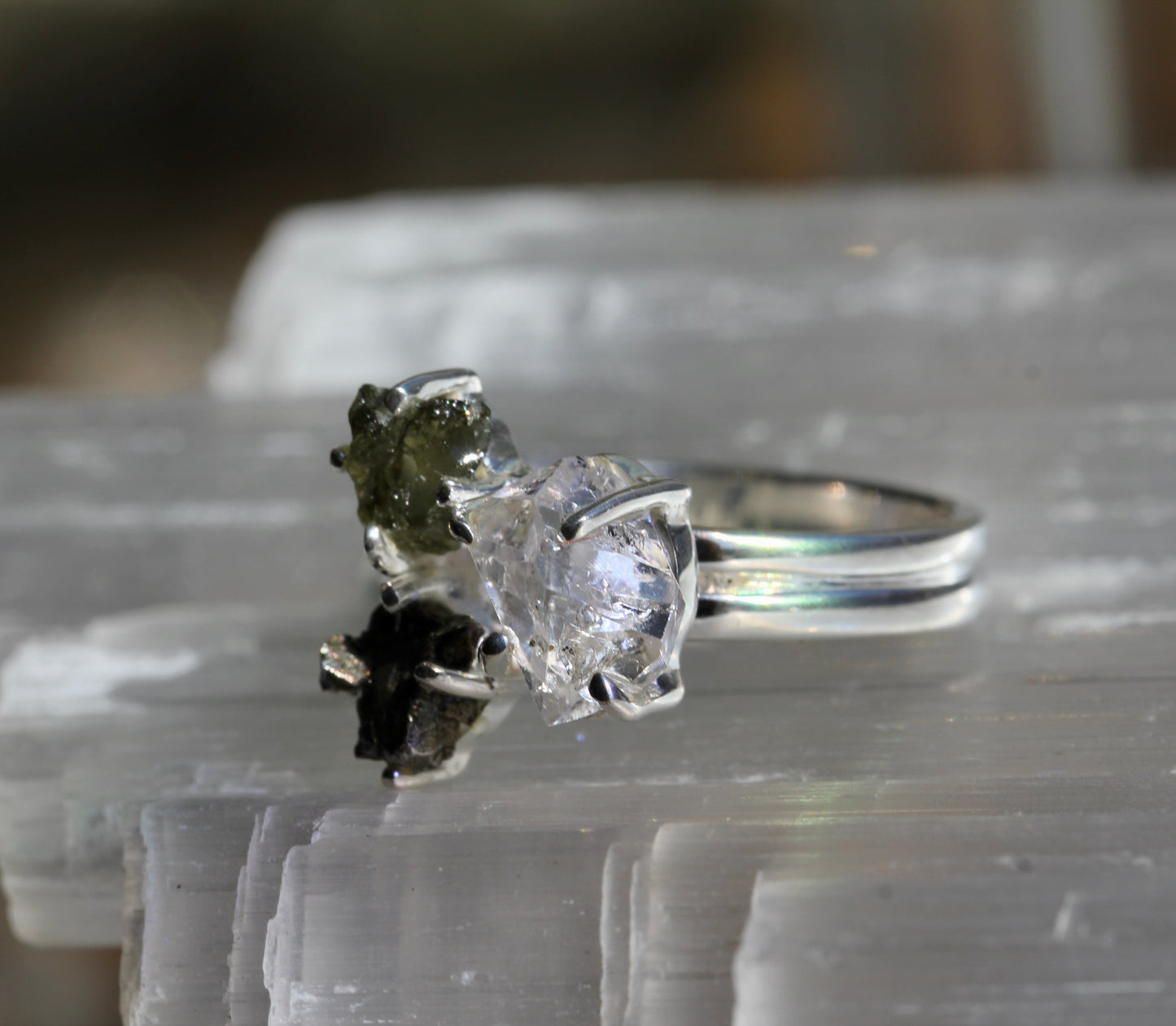 Moldavite Pakimer Diamond Meteorite Ring