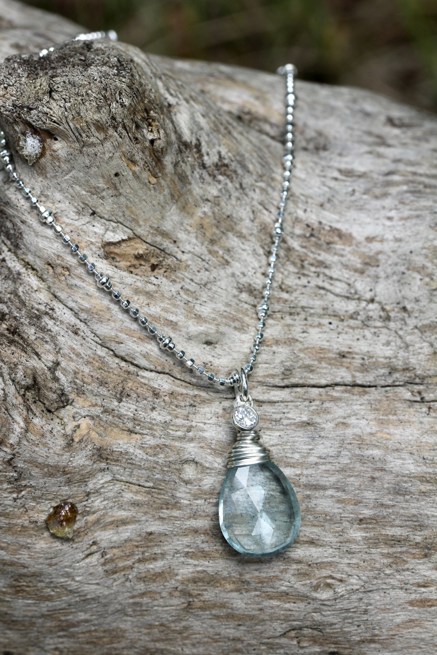 Aquamarine CZ Silver Teardrop Necklace