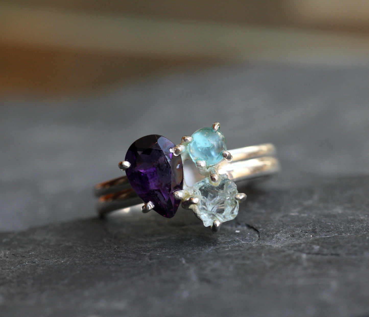 Amethyst Aquamarine Blue Apatite Ring